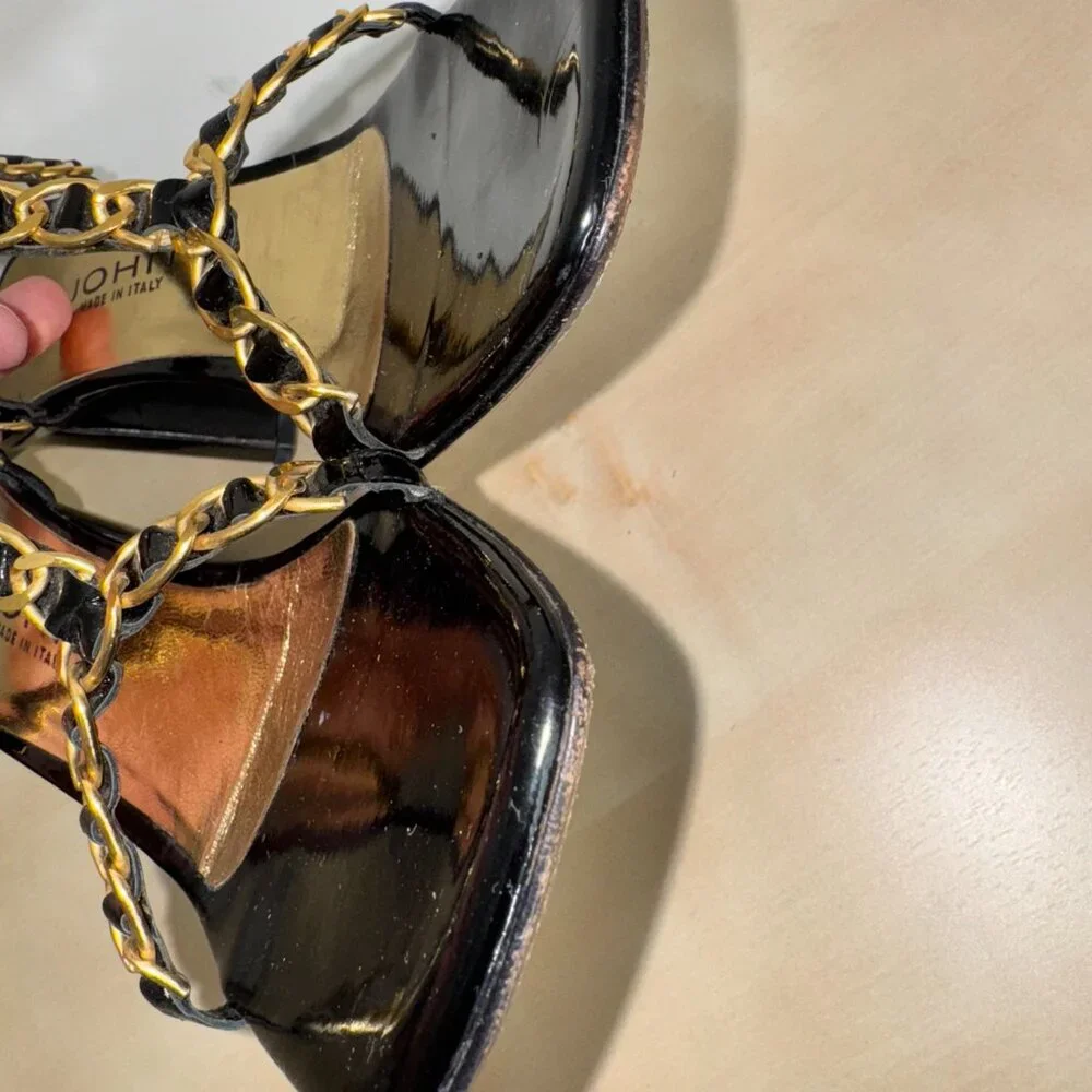 St. John Black Patent Leather Heel Sandals Size 8.5 M Catena Strappy Gold Chain - Picture 15 of 16